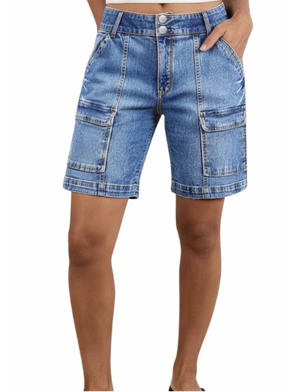 Flamingals Straight Leg Shorts for Women Mid Rise Washed Flap S